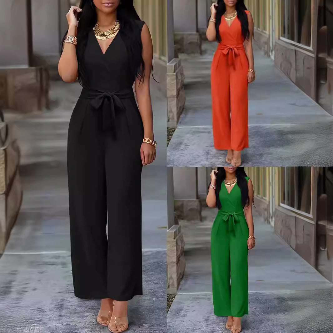 Women's V-neck Wide-leg Sleeveless Belt Jumpsuit