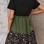 Jungle Green Leopard Print Colorblock Frill Trim T-shirt Dress