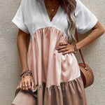 Light French Beige Triple Colors V Neck Folded Cuffs Tiered Loose Dress