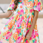 Pink Floral Puff Sleeve Collar Buttoned Babydoll Dress