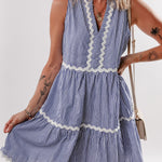 Blue Stripe Sleeveless Notched V Neck Contrast Ric Rac Mini Dress