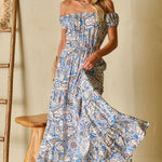 Blue Boho Paisley Print Off Shoulder Maxi Dress