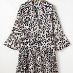 Black Leopard Print Buttoned Front 3/4 Sleeve Tiered Ruffled Hem Dress