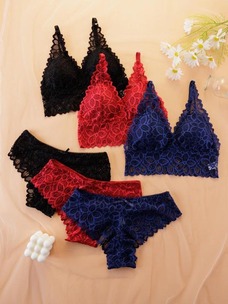 Women'S Back to School Lace Underwear Set, Romantic Adjustable Strap Wireless Bra & Bow Decor Panty Set, Fall Clothes, Women'S Lingerie Set, Lingerie for Women