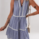 Blue Stripe Sleeveless Notched V Neck Contrast Ric Rac Mini Dress