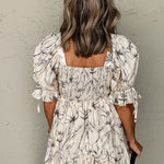 Beige Floral Print Square Neck Shirred Back Puff Sleeve Mini Dress