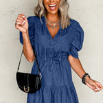 Blue Drawstring High Waist Puff Sleeve Denim Mini Dress