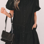 Black Shirt Style Button Down Puff Sleeve Ruffle Hem Dress