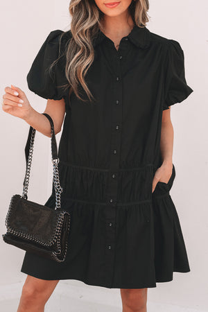 Black Shirt Style Button Down Puff Sleeve Ruffle Hem Dress