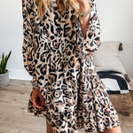 Black Leopard Print Buttoned Front 3/4 Sleeve Tiered Ruffled Hem Dress