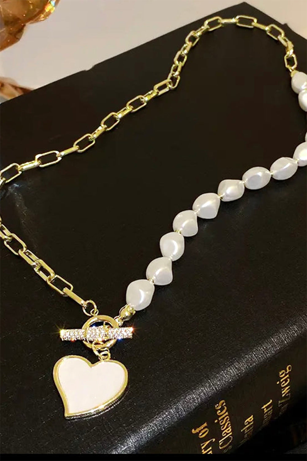 Gold Heart Shape Pendant Rhinestone Decor Pearl Chain Necklace