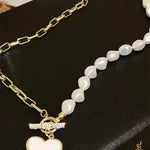 Gold Heart Shape Pendant Rhinestone Decor Pearl Chain Necklace