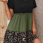 Jungle Green Leopard Print Colorblock Frill Trim T-shirt Dress