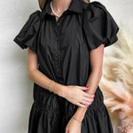 Black Shirt Style Button Down Puff Sleeve Ruffle Hem Dress