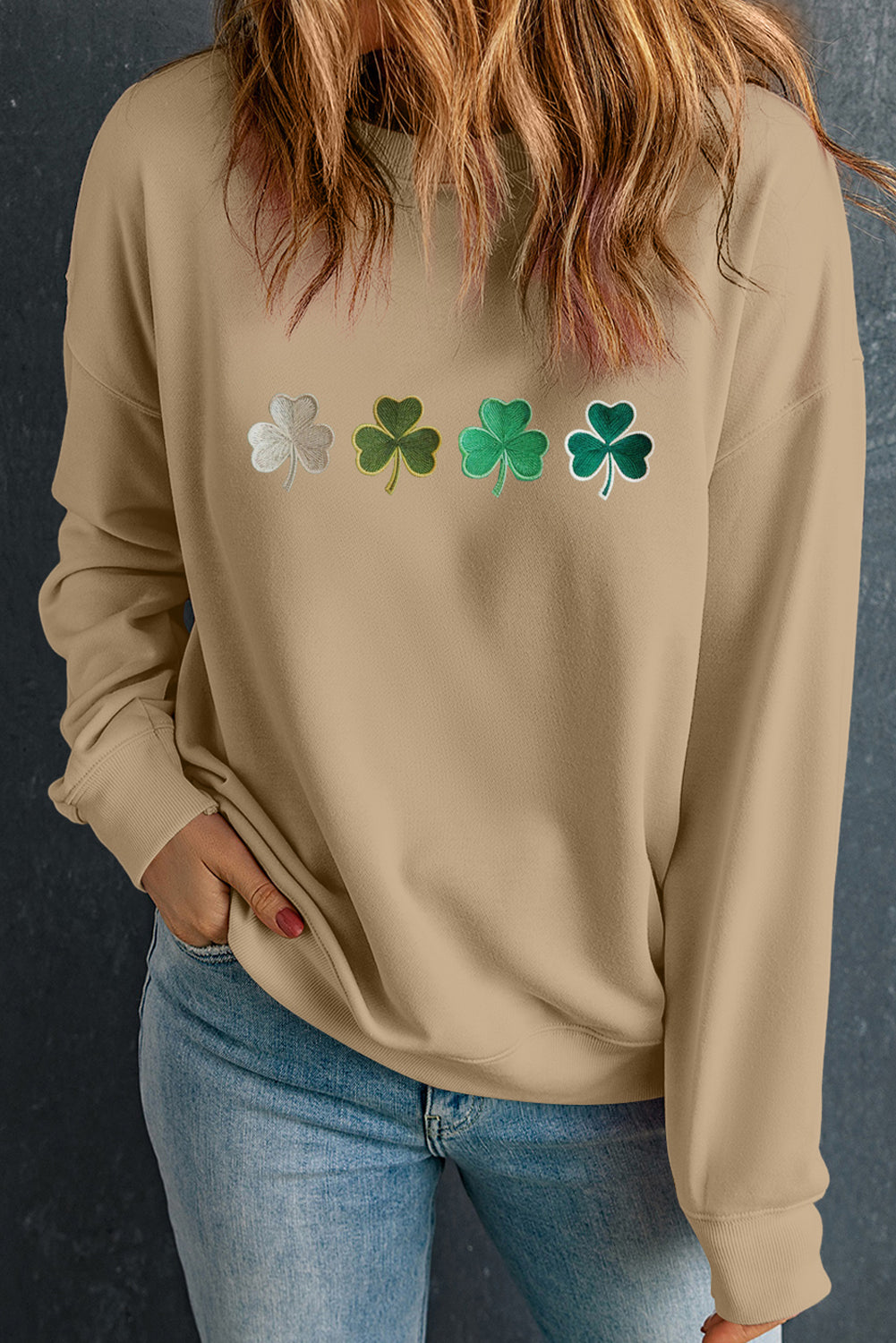 Khaki Embroidered Clover Pattern St Patrick Pullover Sweatshirt