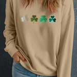 Khaki Embroidered Clover Pattern St Patrick Pullover Sweatshirt