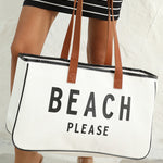 White BEACH PLEASE Print Large Canvas Tote Bag