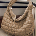 Light French Beige Quilted Zipper Large Shoulder Bag