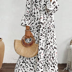 White Leopard Print Notch V Neck Loose Fit Maxi Dress