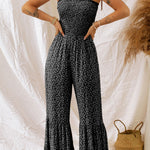 Black Thin Straps Smocked Bodice Wide Leg Floral Jumpsuit