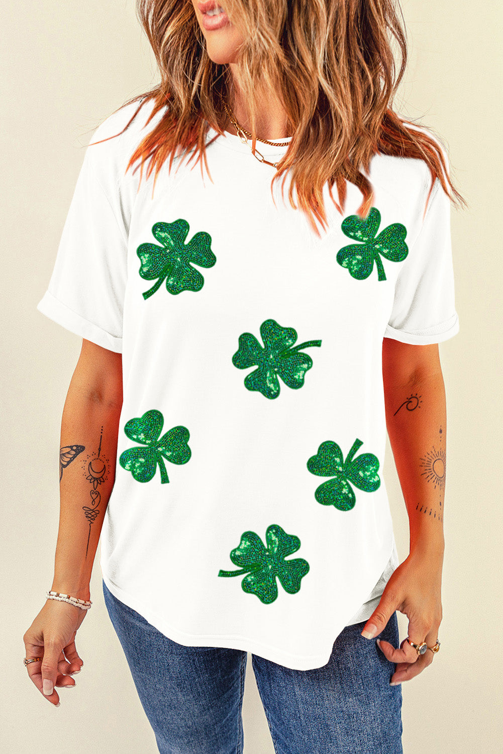 White Sequin Lucky Clover Graphic Crewneck Tee