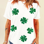 White Sequin Lucky Clover Graphic Crewneck Tee