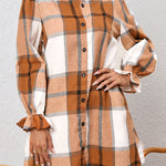 Khaki Plaid Pattern Collared Neck Ruffled Sleeve Shirt Dress