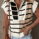 Black Stripe Colorblock Quarter Zip Collar Sweater Vest