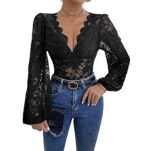 Tight Long Sleeve V-neck Lace Jumpsuit