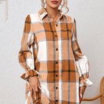 Khaki Plaid Pattern Collared Neck Ruffled Sleeve Shirt Dress