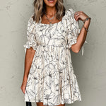 Beige Floral Print Square Neck Shirred Back Puff Sleeve Mini Dress