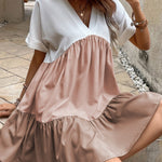 Light French Beige Triple Colors V Neck Folded Cuffs Tiered Loose Dress