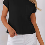 Black Patch Pocket Ribbed Knit Short Sleeve Sweater