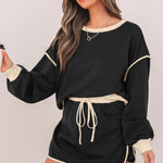 Black Color Contrast Loose Pullover and Lace-up Waist Skort Set