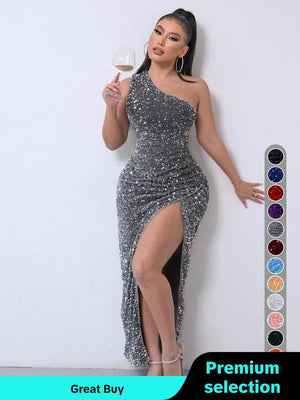 Women'S Glitter Sequin One Shoulder Ruched Split Thigh Bodycon Dress, Dress in Club, Dresses for Women, Summer Dresses 2024, Elegant Chic Party Outfit, Sparkly Long Evening Gown, Lady Formal Wear, Y2K Clothing, Halloween, Valentine'S Day Gift