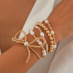 Gold Bow Knot Pearl Beaded Multi Layered Bracelet Set