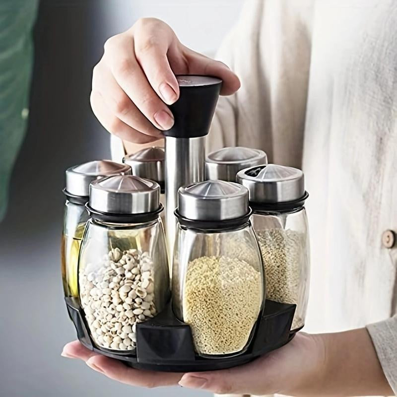 1 Set Stainless Steel Seasoning Bottle, Rotating Base Transparent Spice Bottle, Kitchen Seasoning Utensils