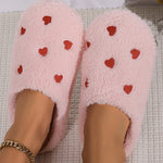 Pink Heart Shape Embroidered Slip On Plush Slippers