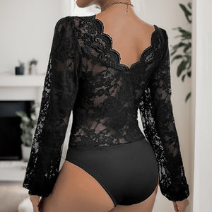 Tight Long Sleeve V-neck Lace Jumpsuit