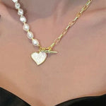 Gold Heart Shape Pendant Rhinestone Decor Pearl Chain Necklace