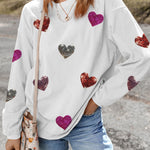 White Valentines Heart Patched Pattern Corded Pullover Sweatshirt