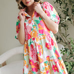 Pink Floral Puff Sleeve Collar Buttoned Babydoll Dress