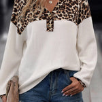 White Leopard Waffle Knit Patchwork Button V Neck Top