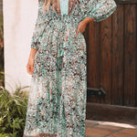 Green Boho Floral Print Lace-up Open Back High Waist Maxi Dress