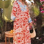 Orange Boho Geometric Printed Long Sleeve Maxi Dress