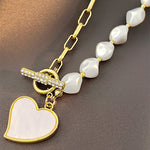 Gold Heart Shape Pendant Rhinestone Decor Pearl Chain Necklace