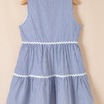 Blue Stripe Sleeveless Notched V Neck Contrast Ric Rac Mini Dress