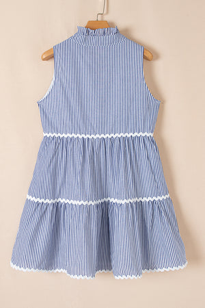 Blue Stripe Sleeveless Notched V Neck Contrast Ric Rac Mini Dress