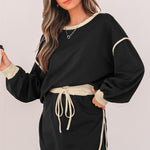 Black Color Contrast Loose Pullover and Lace-up Waist Skort Set