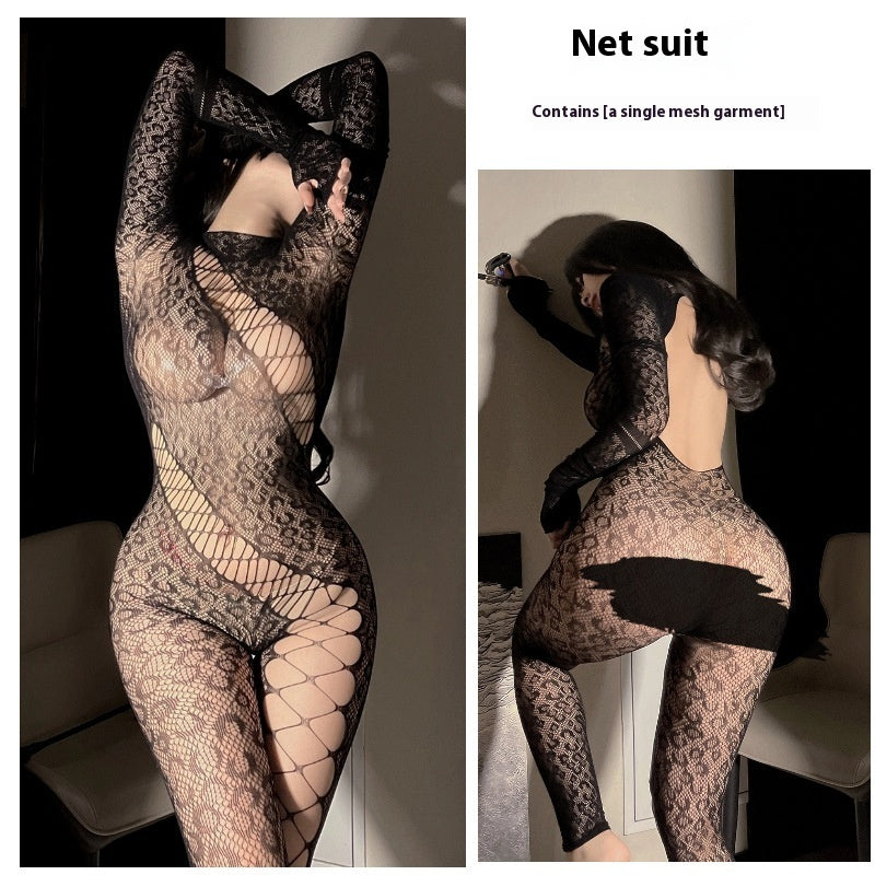 Irregular Mesh Transparent Leopard Print One-piece Stockings